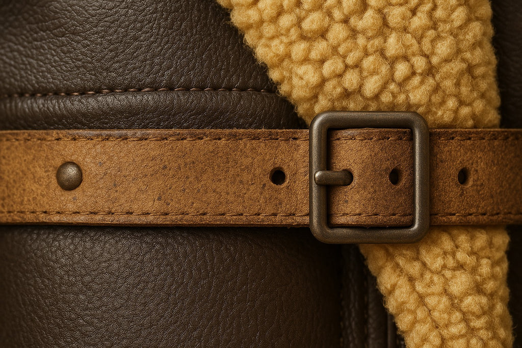 Sherling leather jacket. Aviator jacket men., Sheepskin bomber jacket. Brown leather flight jacket. Mesa & Hide outwear. Luxury winter jackets. Desert inspired fashion