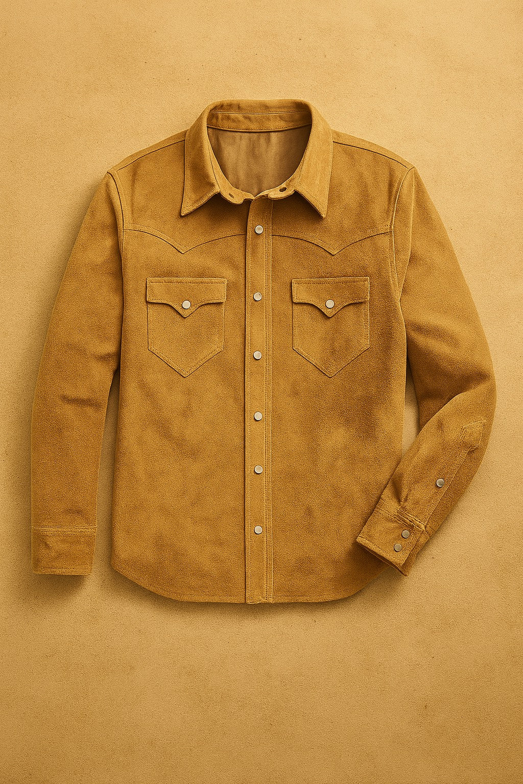 Suede western shirt. Genuine suede snap shirt. Tan suede cowboy shirt. Desert style menswear. Mes & Hide suede shirt. Artisan leather apparel. Handmade western fashion
